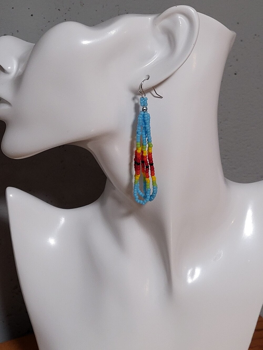 Handmade Multicolor Seed Bead Loop Earrings Lt Blue, Green, Red, Orange